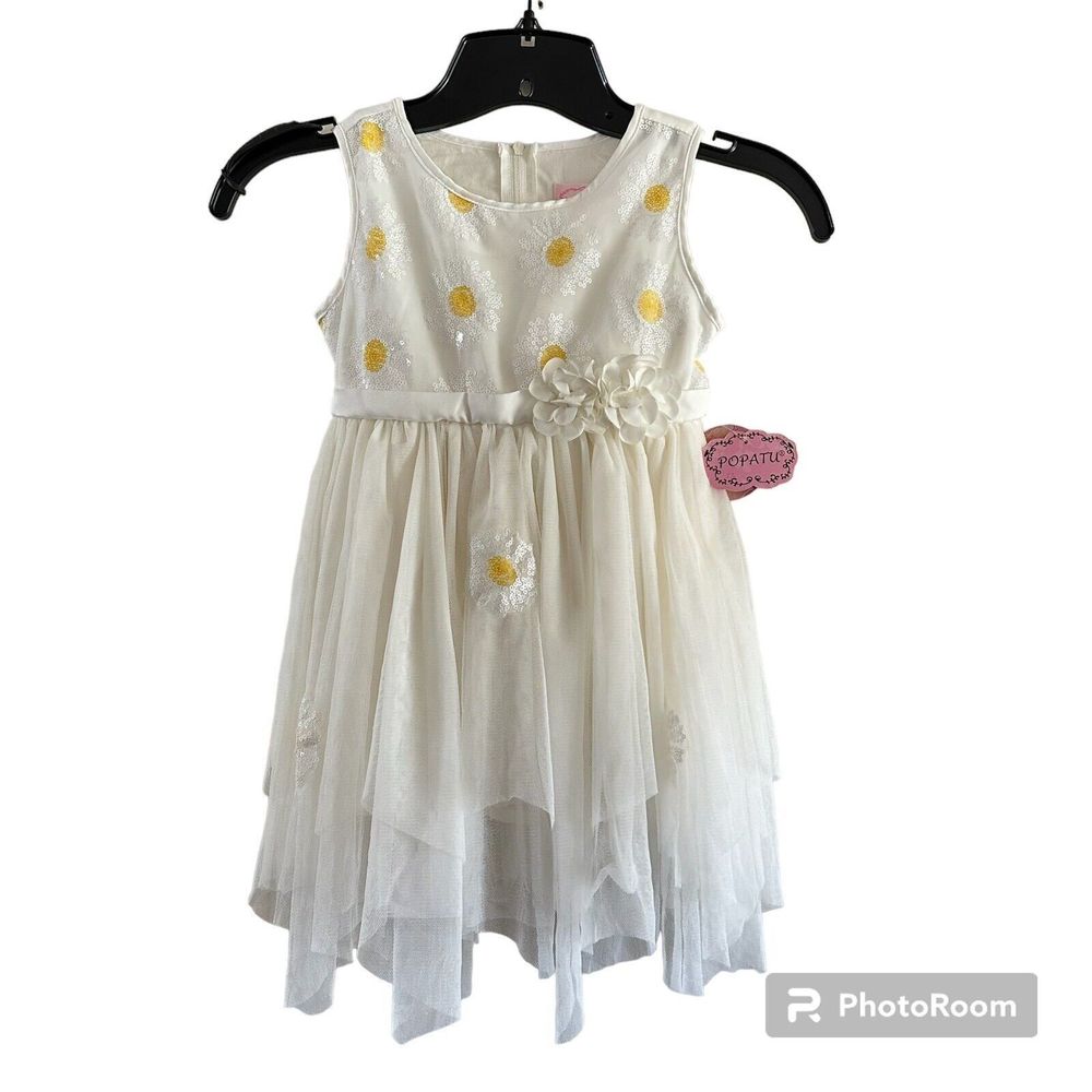 Popatu Beige Yellow Sequined Flower Girls Occasion Holiday Dress Toddler Size 4